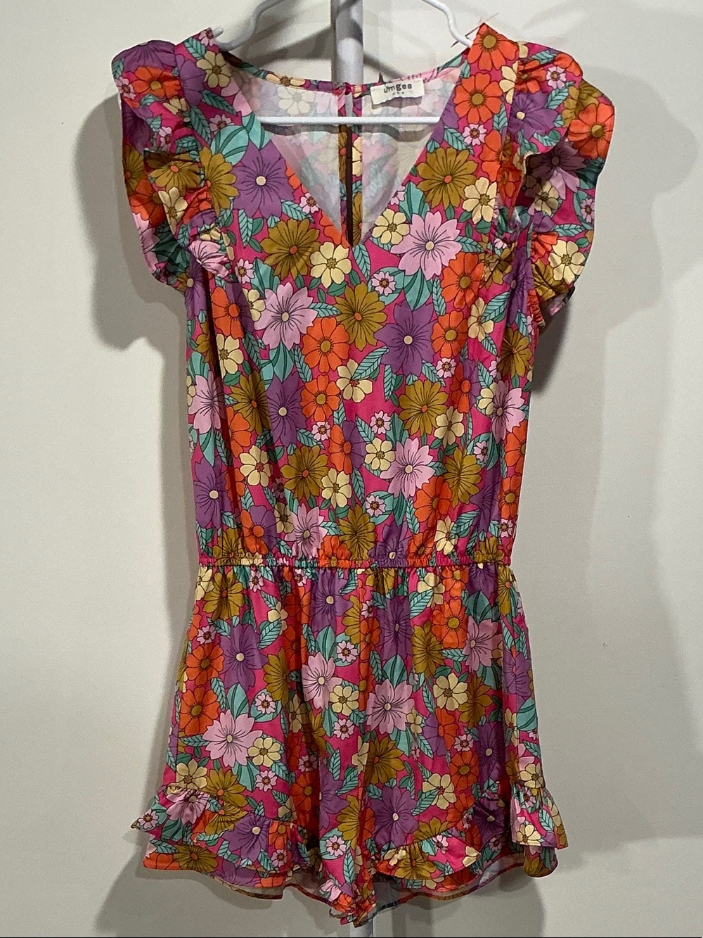 Umgee Pink Multi Floral V-Neck Romper with Ruffle Sleeves